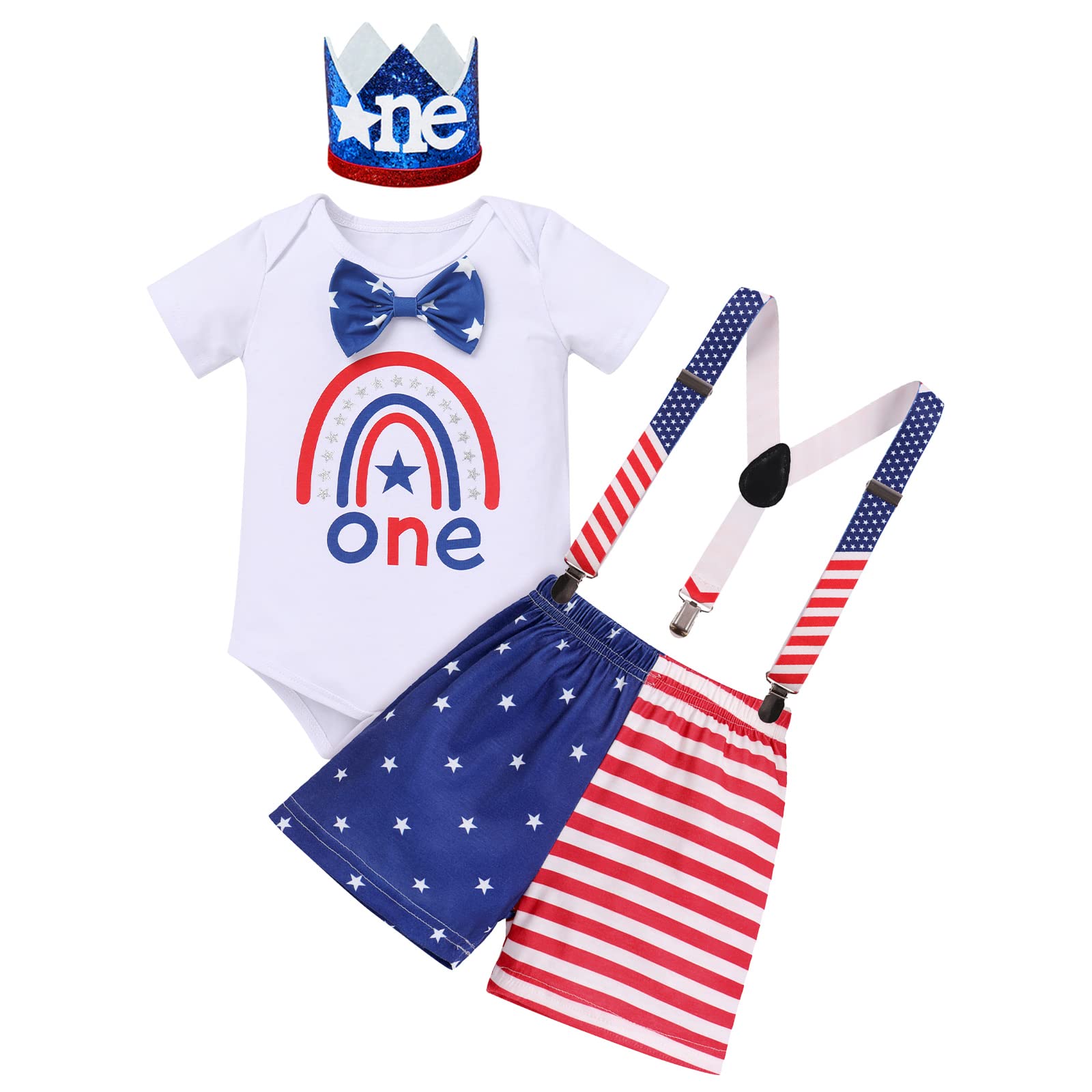 Baby Boys My First 4th of July Outfit Boho Rainbow Romper + Stars Y Back Suspenders + American Flag Stripes Shorts Independence Day ONE Headband Patriotic Clothes Blue Red Stripe Stars 12-18 Months