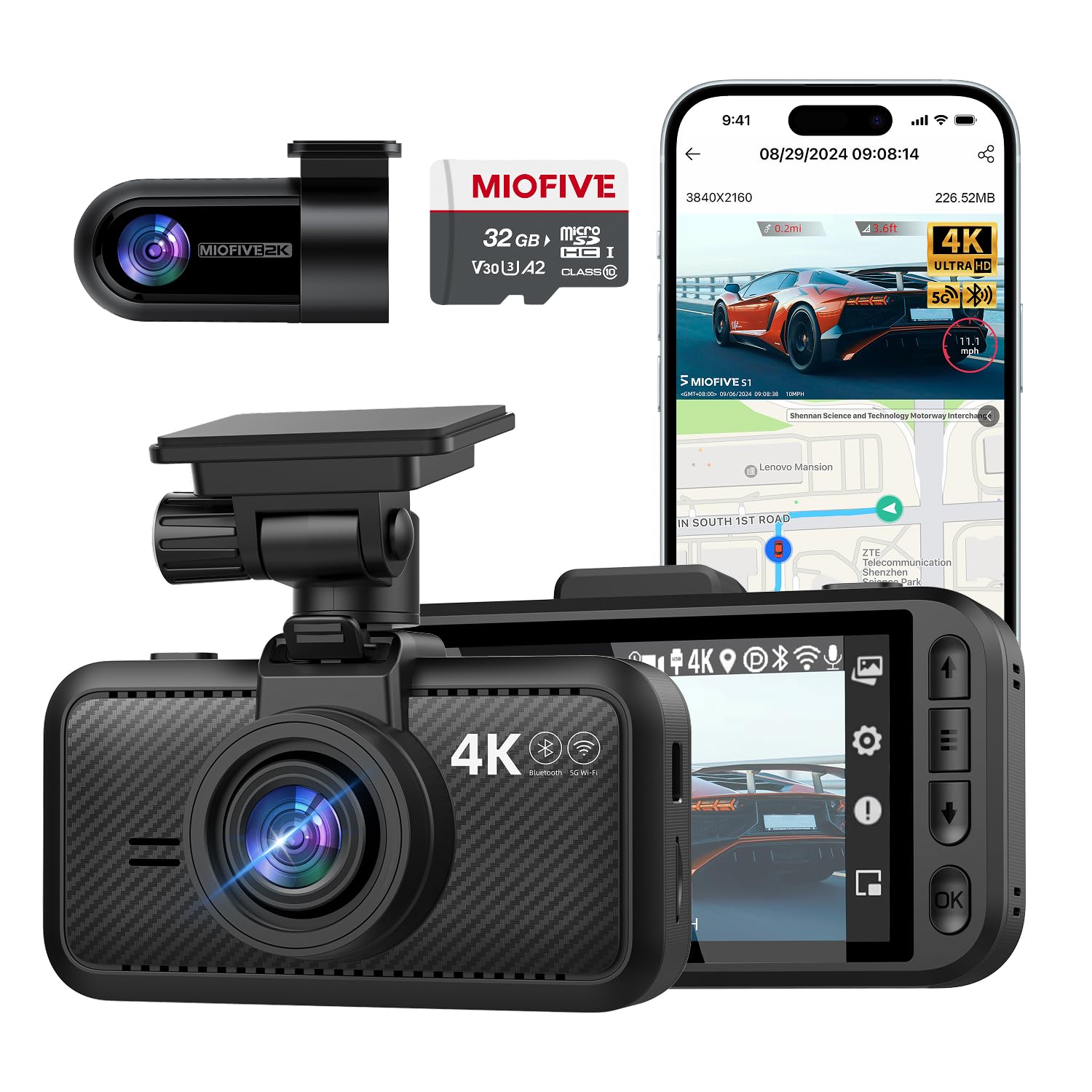 Miofive Dual Auto Kamera,Dashcam Auto mit 4K,2160 * 1440,Dash Cam Auto 5.8GHz WiFi mit 32GB SD Karte, Dual hinten Dashcam mit Nachtsicht, GPS, HDR, G-Sensor, Loop-Aufnahme, APP Steuerung, Max 512GB