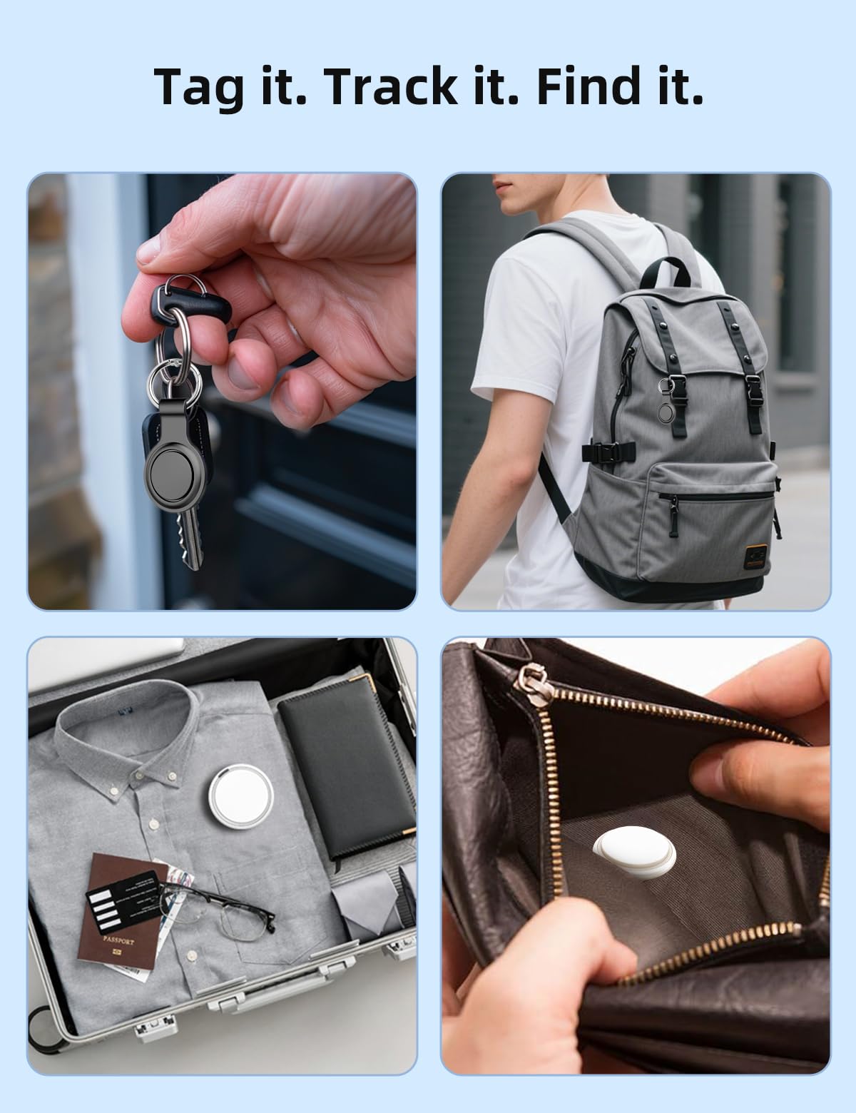 Confezione da 4 etichette per tracciamento dell'aria, Bluetooth Tracker, localizzatore di chiavi con suono, funziona con Apple Find My (solo iOS), per trovare oggetti per bagagli, portafogli, borse