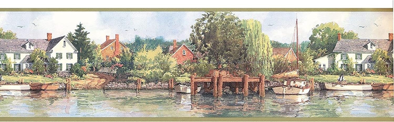 CONCORD WALLCOVERINGS ™ Wallpaper Border Nature Pattern Lake House Boat for Living Room Cottage Farmhouse, Green Brown Blue, 15 ft by 7 in HRB4157