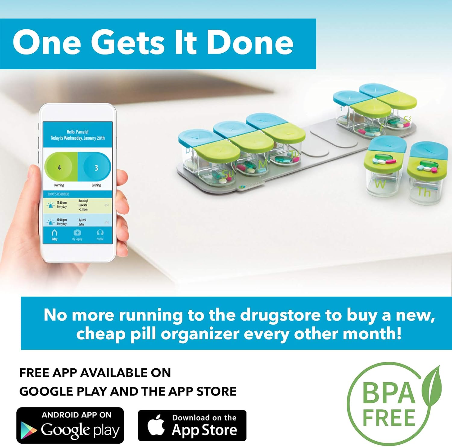 Sagely Smart Active Weekly Pill Box Organizer- AM/PM Pill Planner with Free App and 7 Removable Pods