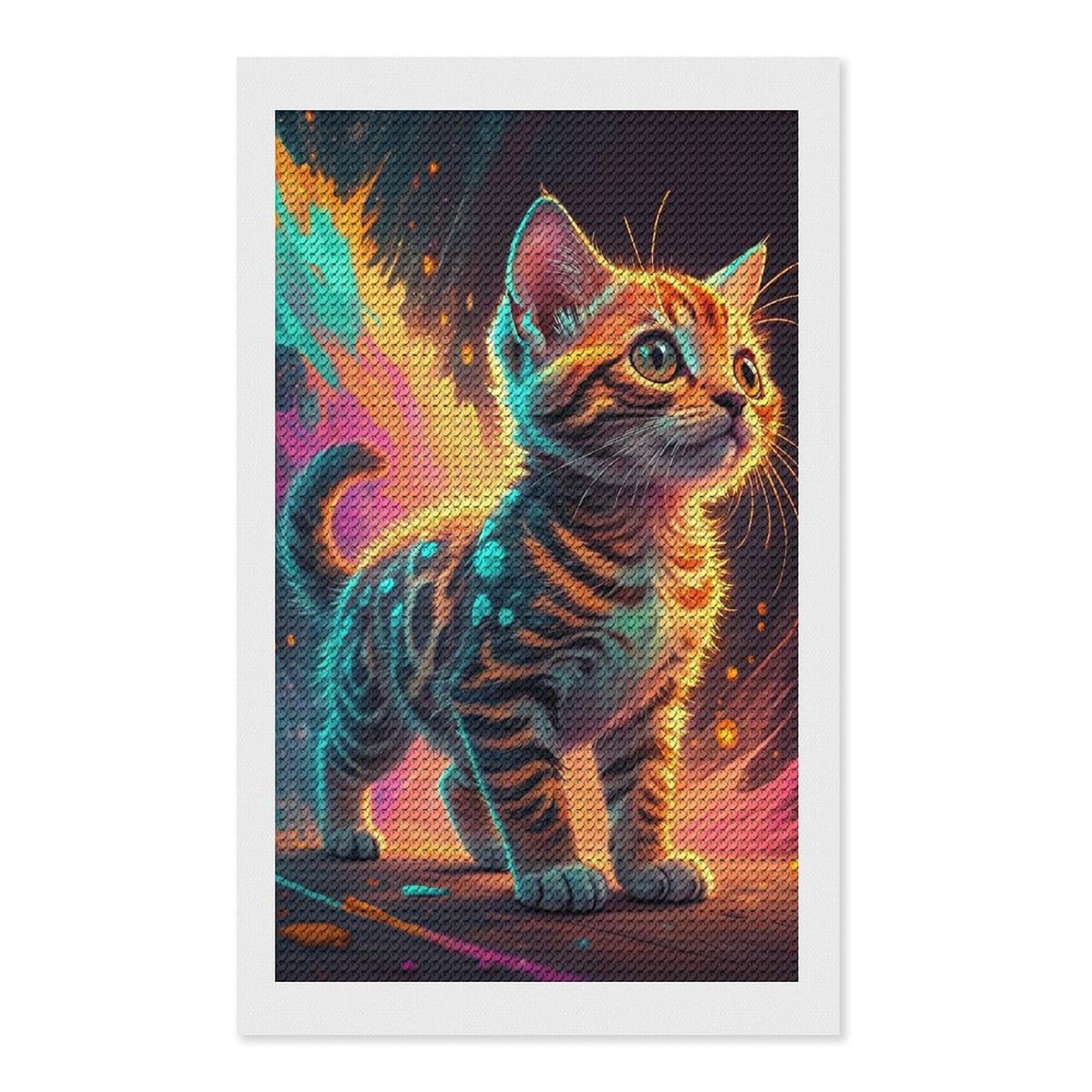 Junmoney Kitten with Fiery Aura Round Drill Diamond Painting 12"x20", for Women, Relaxing DIY Hobby, Bedroom Decor, Christmas Gift, Adhesive Canvas