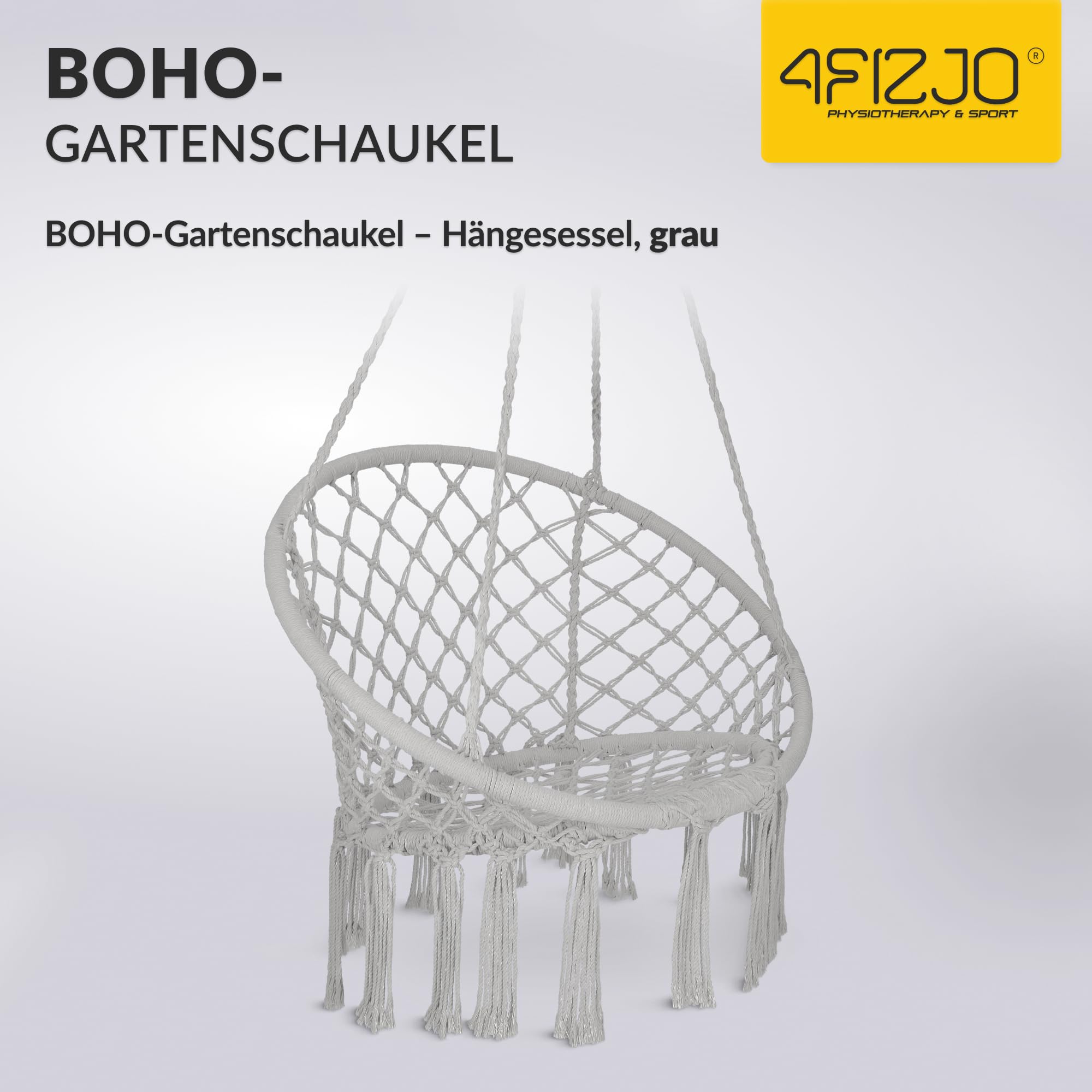 4FIZJO Hängesessel Boho, Makramee hängesessel, Garten schaukel, Hängekorb, Schaukelkorb, Therapieschaukel Kinder, Hängesessel Indoor & Outdoor, Hängesitz Patio-Rasen, Maximale Belastung 125 kg, Grau