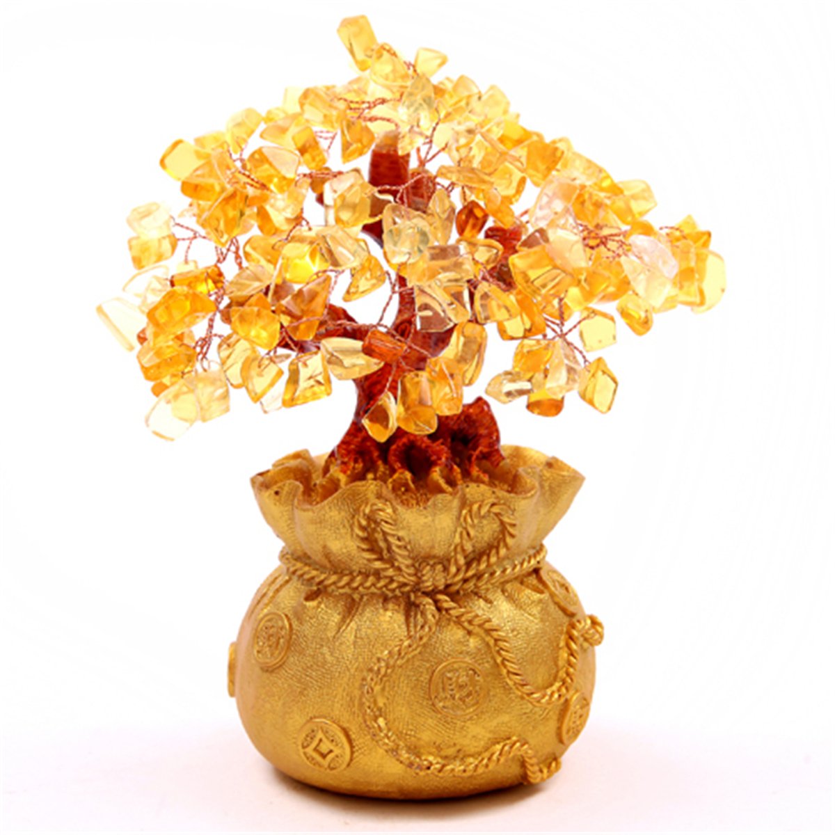 Juanxian Yellow 7" Feng Shui Citrine/ Crystal Money Tree In A Money Bag For Wealth Luck + Red String Bracelet Sku:h1011
