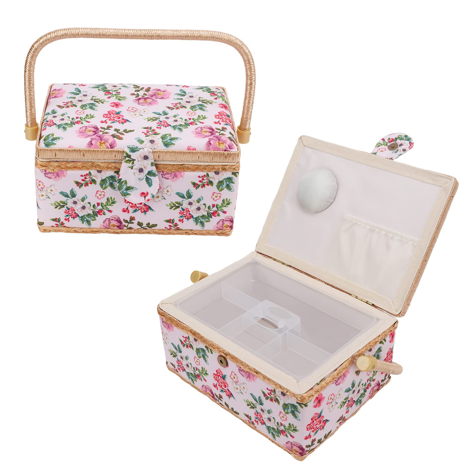 Cesta de Costura Grande con Diseño de Doble Capa, Caja de Almacenamiento de Artículos Diversos con Asa Cómoda para Viajes en Casa y Oficina, 24cm X 17,5cm X 13cm