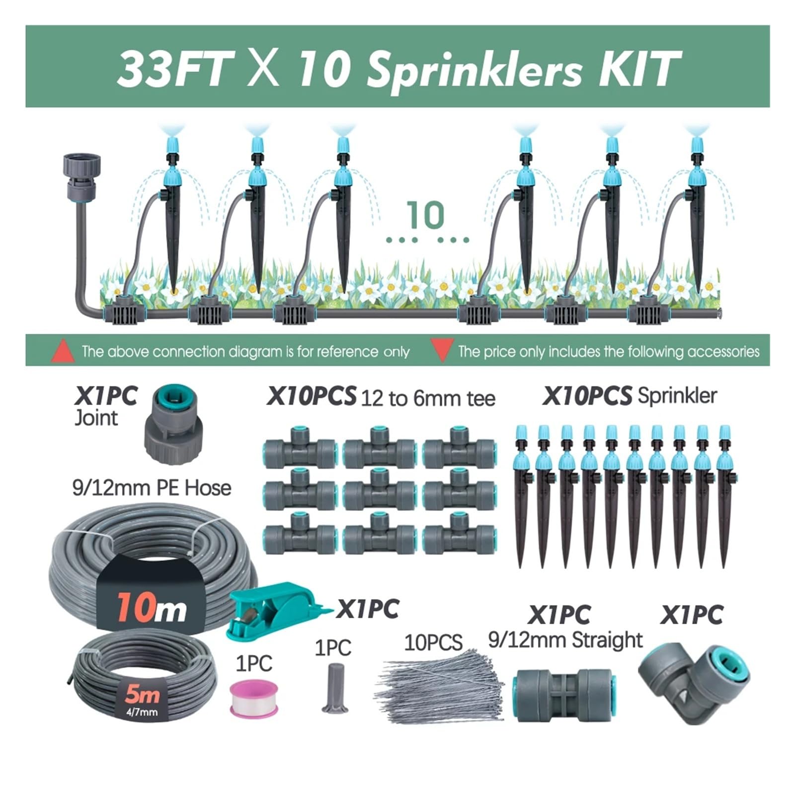 Sistema di irrigazione automatica for irrigazione da giardino 3/8 "2 in 1 Tubo in PE Nebbia regolabile a 360° Kit di spruzzatori micro a goccia for irrigatore a collegamento rapido(10m Kits)