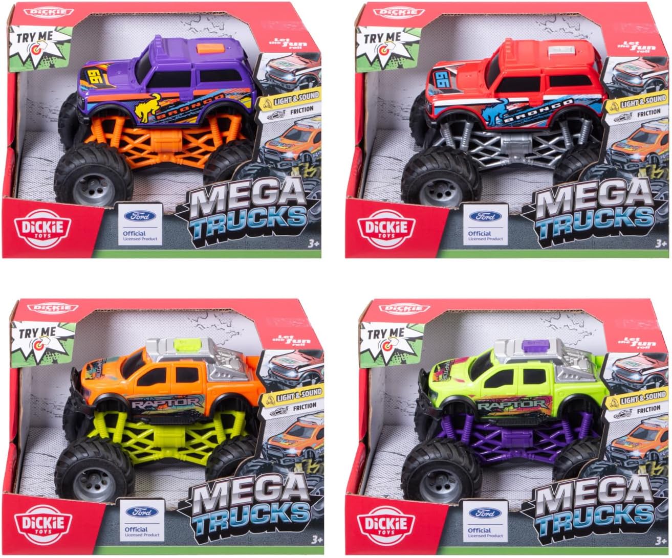 Dickie Toys Mega Monster 1:48 (5.5") Monster Truck for Kids Ages 3+ Light and Sound, Friction, Rubber Tires, Official Ford License, 4 Assorted Types, Random Selection