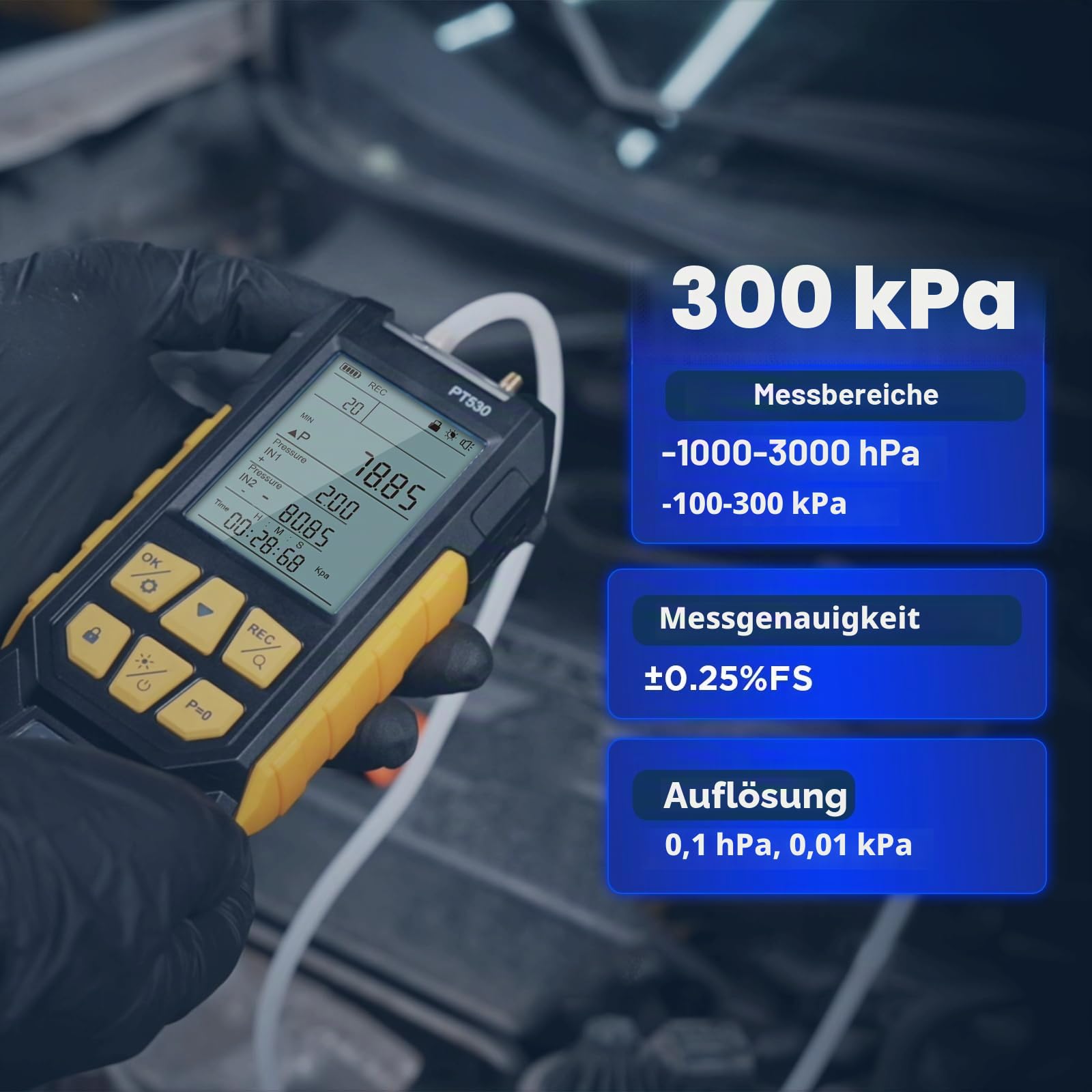 AUTOOL Manometer Digital, PT530 HLK Manometer, -1000~3000mbar / -100~300Kpa, ±0,25% FS Genauigkeit, Differenzdruckmessgerät met Adapter, Taschenlampe, 10 wählbaren Einheiten, Werkzeugkasten