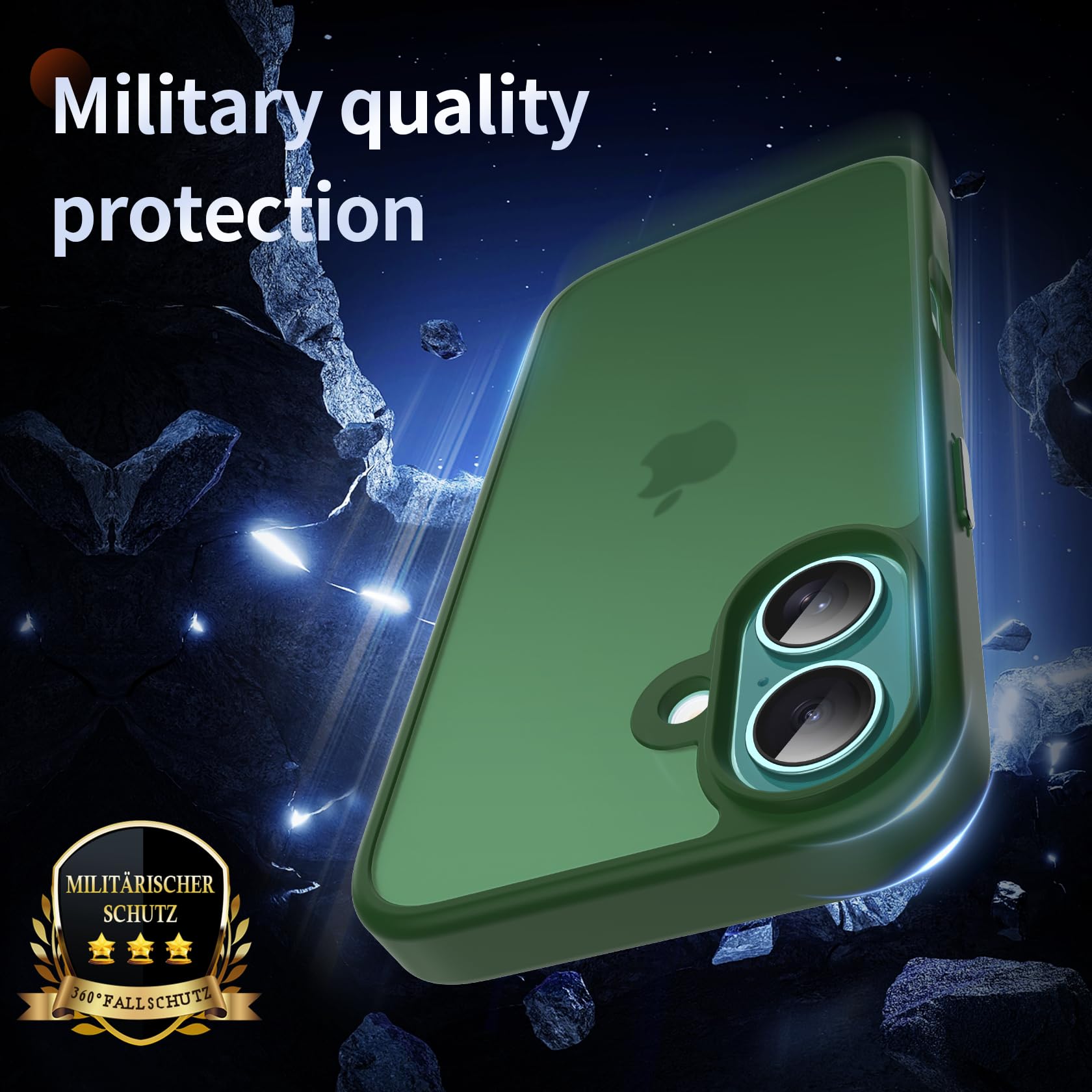 FLLAO 4 in 1 Cover per iPhone 16 Custodia con 2 Pellicola Vetro Temperato e 1 Fotocamera Protettiva, [Cuscino d'aria integrato] Morbido TPU Bumper Protection Cover iPhone 16, Verde