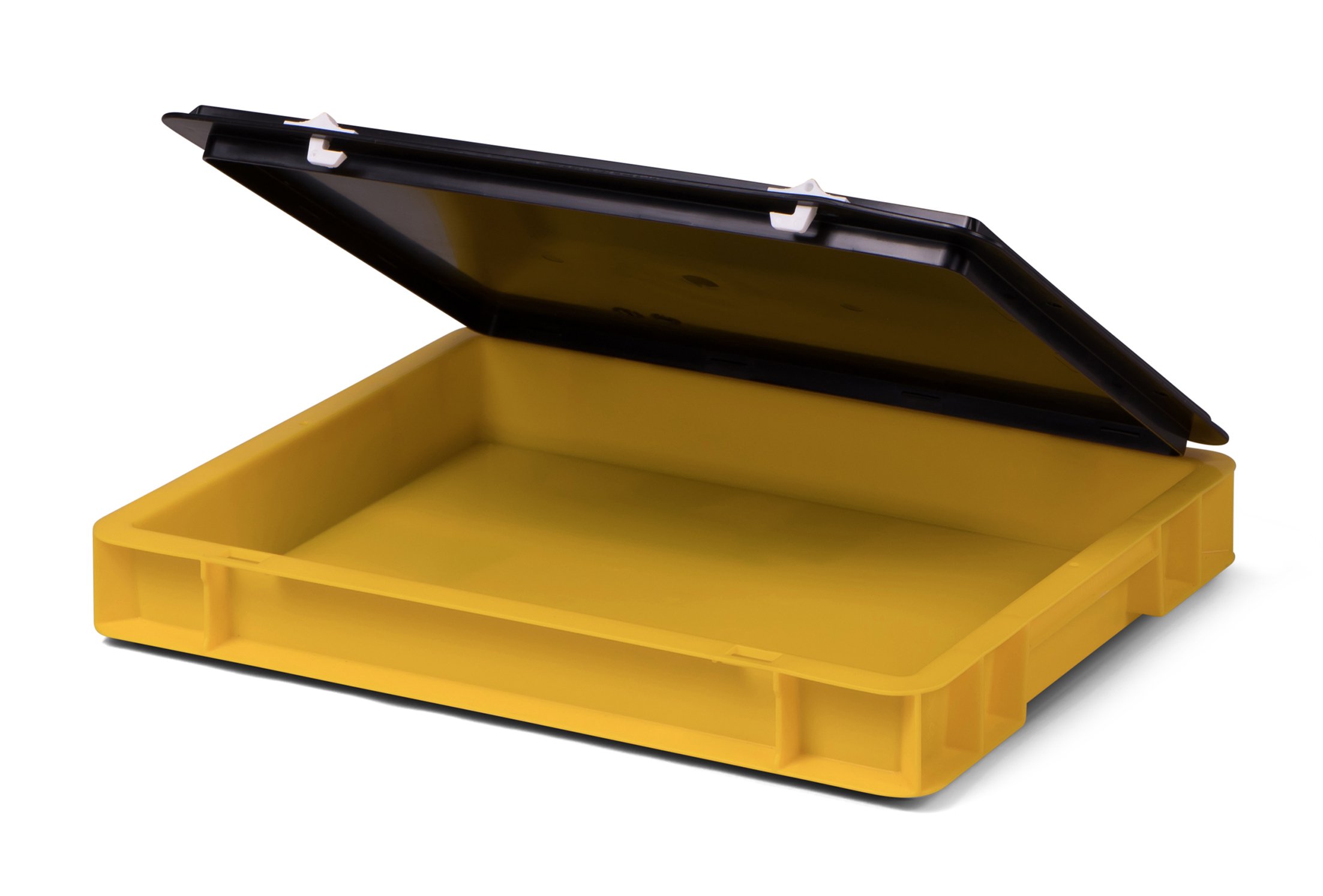 4 sztuki pojemnik transportowy TK450-D, żółty z czarną pokrywą, dł. x szer. x wys. 400 x 300 x 50/61 mm, pojemność: 4,5 l, nośność: 20 kg, wykonane z PP przeznaczonego do kontaktu z żywnością