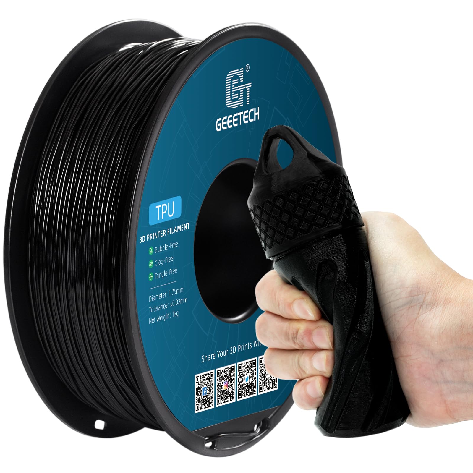 TPU Filament 1.75mm, 3D Printer Filament, TPU 95A, 1KG, Black