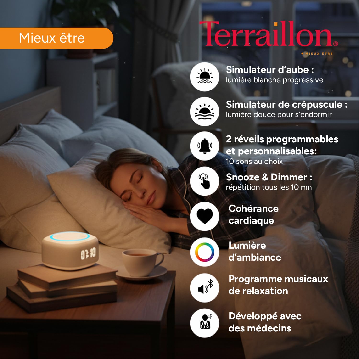 TERRAILLON - ZEN RISE - Aide à l'endormissement et relaxation, Réveil et simulateur d'aube, 10 ambiance sonores et 4 modes lumineux, Prog 10/30/60 min, Bluetooth, USB-C