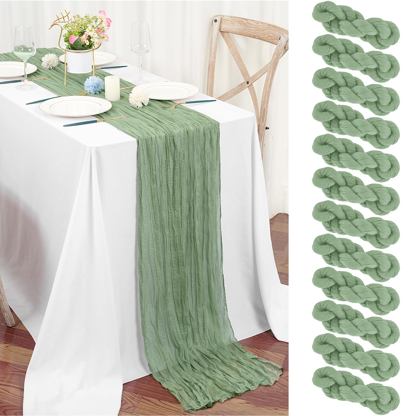 12 Pack Sage Green Cheesecloth Table Runner 45x275 cm Boho Gauze Cheese Cloth Table Runner for Wedding Party Baby Bridal Shower Birthday Decorations