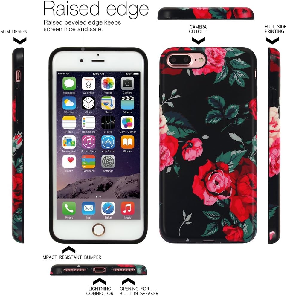 NASOUSA iPhone 7 Plus for Girls,Floral case,IMD Printing Slim-Fit Ultra-Thin Anti-Scratch Shock Proof Dust Proof Anti-Finger Print TPU Case for iPhone 8 Plus(5.5 inch) Women Black Flower