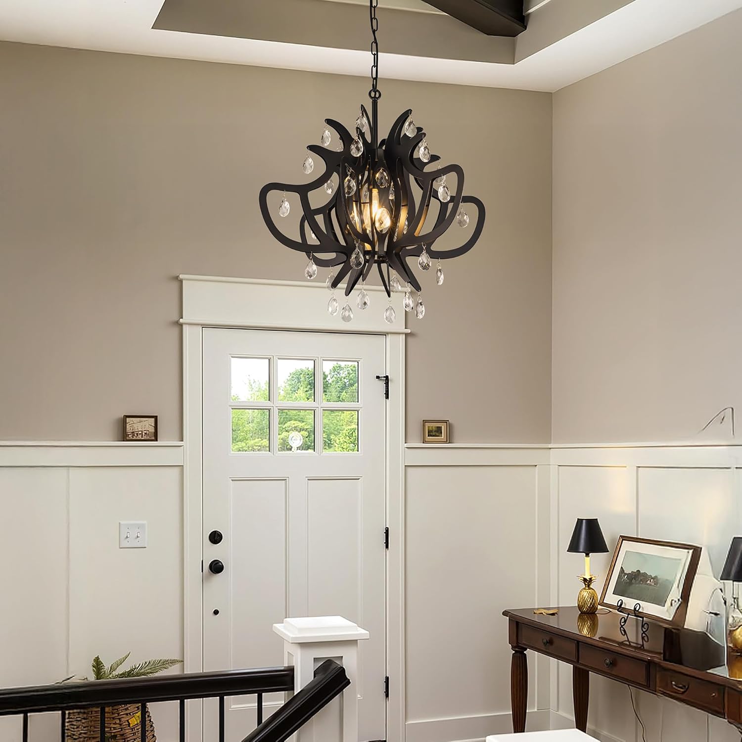 TOCHIC Vintage Black Chandelier, 24" Modern Farmhouse Gothic Style Crystal Chandelier for Living Room, Mid Century Ceiling Light Fixture for Bedroom, Entryway, Dining Room, Foyer