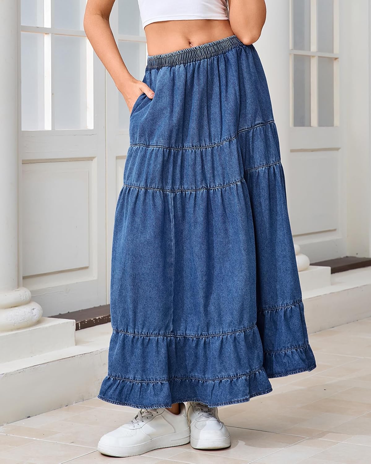Women's Swing Chambray Maxi Skirt Elastic Waist Pleated Tiered Flowy Long Skirts Retro Denim Skirt - Image 6