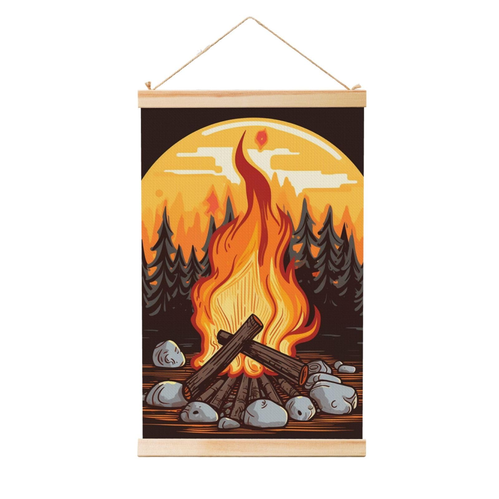 Bonfire Poster Wooden Shaft Hanging Poster Wall Hanging Banner Canvas Artwork with Wood Frames 20"x30" Modern Artwork Decor Ready to Hang Wall Art for Home Decor Scroll Painting