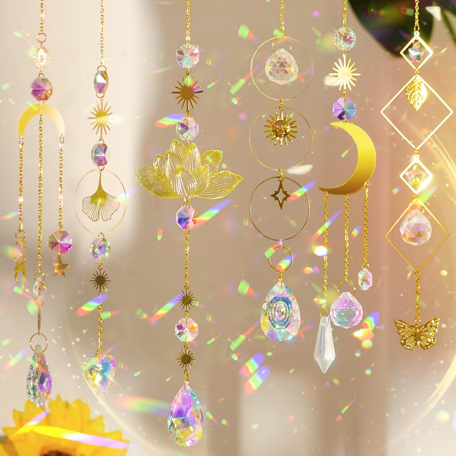 JYNTERPLAY 6 Stück Sonnenfänger Kristall Fenster Anhänger Mond Stern Lotus Fensterdeko Hängend Kristalle Regenbogen Sonnenfanger für Garten Weihnachten Geschenke Hochzeit Deko Goldene