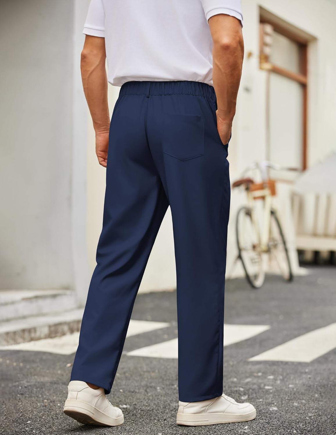 COOFANDY Mens Casual Pants Relaxed Fit Casual Dress Slacks Elastic Waist Flat Front Dress Trousers Navy Blue - Image 2