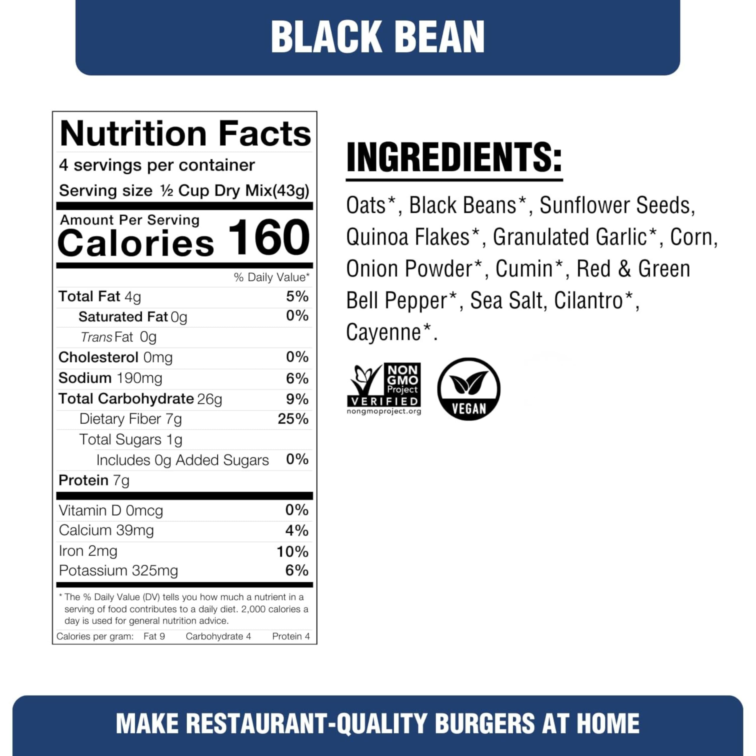 PLANTSTRONG Black Bean Skillet Burger Mix, Plant-Based Patty Mix with Oats, Seeds & Spices, Gluten Free, Oil-Free, Just Add Water, Pan Fry/Bake/Air Fry, 4-Pack (6 oz Bags)