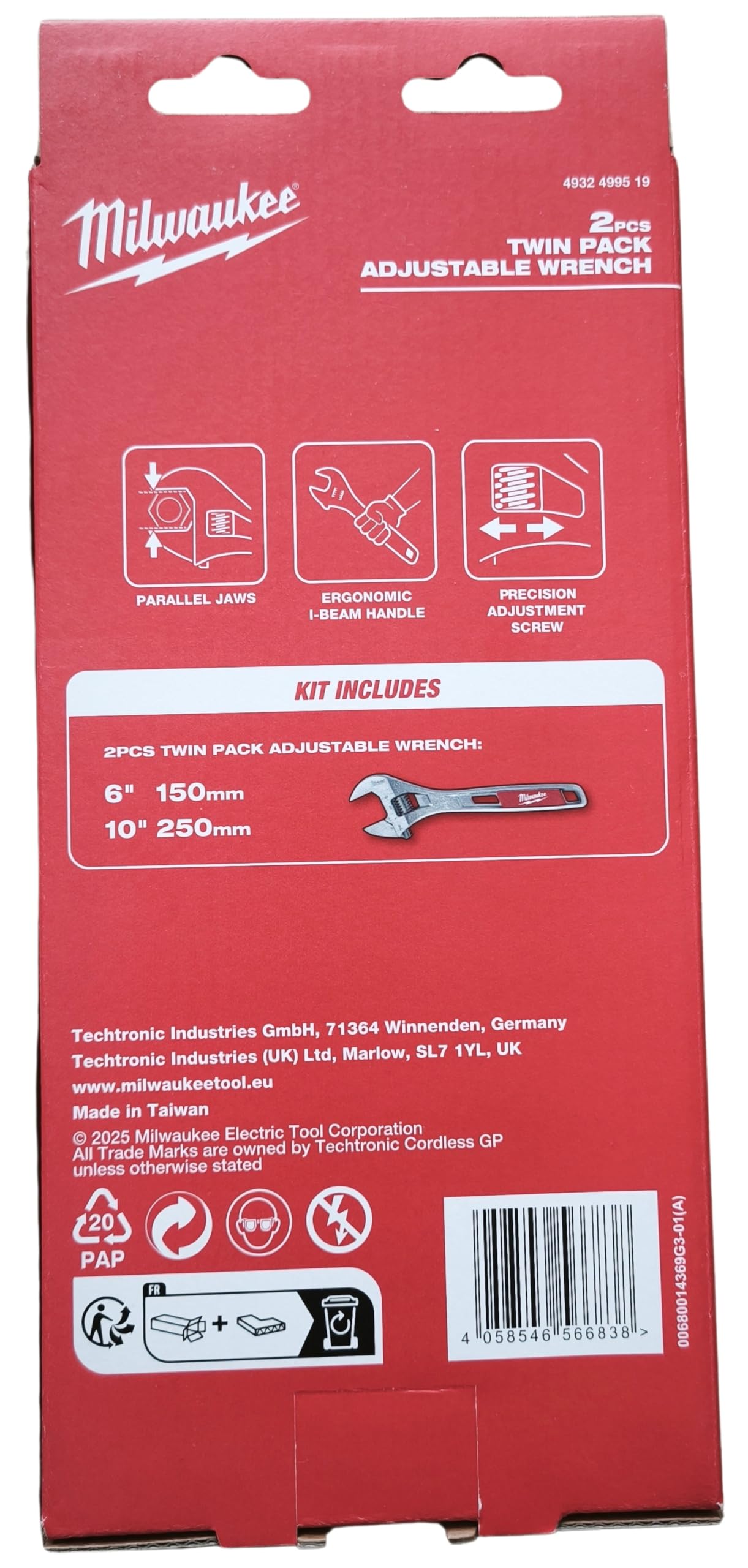 Milwaukee 4932499519 - Juego de 2 llaves ajustables profesionales (150 mm y 250 mm, mandíbulas paralelas, cabeza fina, acabado cromado antioxidante,