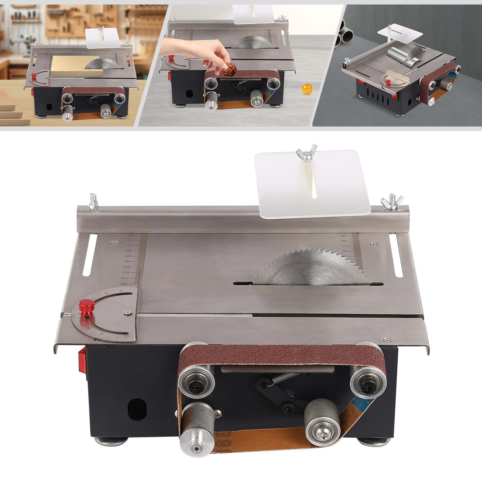 Mini stołowa piła tarczowa, 200 W, 10 000 obr./min, stołowa piła tarczowa z 4 brzeszczotami, głębokość cięcia 33 mm, regulacja kąta 0-90°, 7 biegów, szlifierka taśmowa do rękodzieła w drewnie, DIY