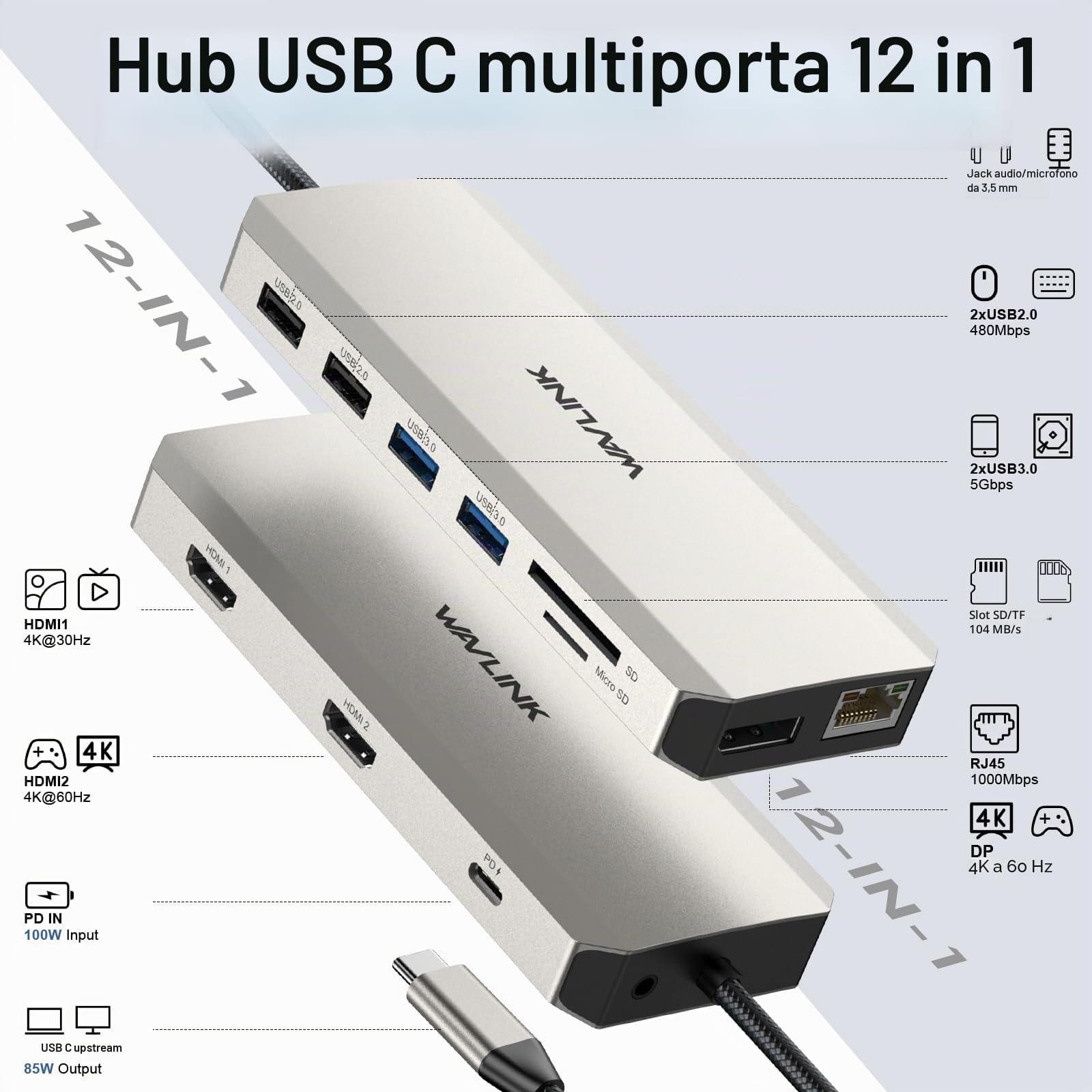 WAVLINK Docking Station 12 in 1 USB C Dual HDMI Docking Station USB C, adattatore multiporta con 4K Dual HDMI, DP, 100 W PD IN, USB3.0, USB2.0, RJ45, slot SD/TF, audio/Mic