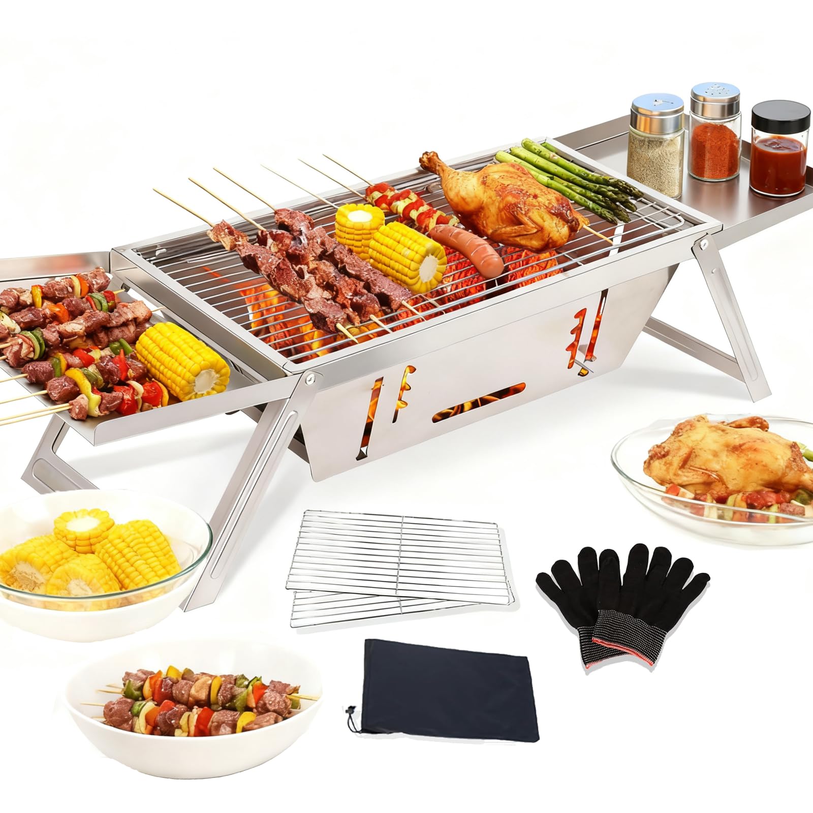 Barbecue au charbon de bois, portable, pliable, en acier inoxydable, mini barbecue réglable pour l'extérieur, le camping, la terrasse, le barbecue, les fêtes - Argenté (17,13" x 8,86" x 1,57")