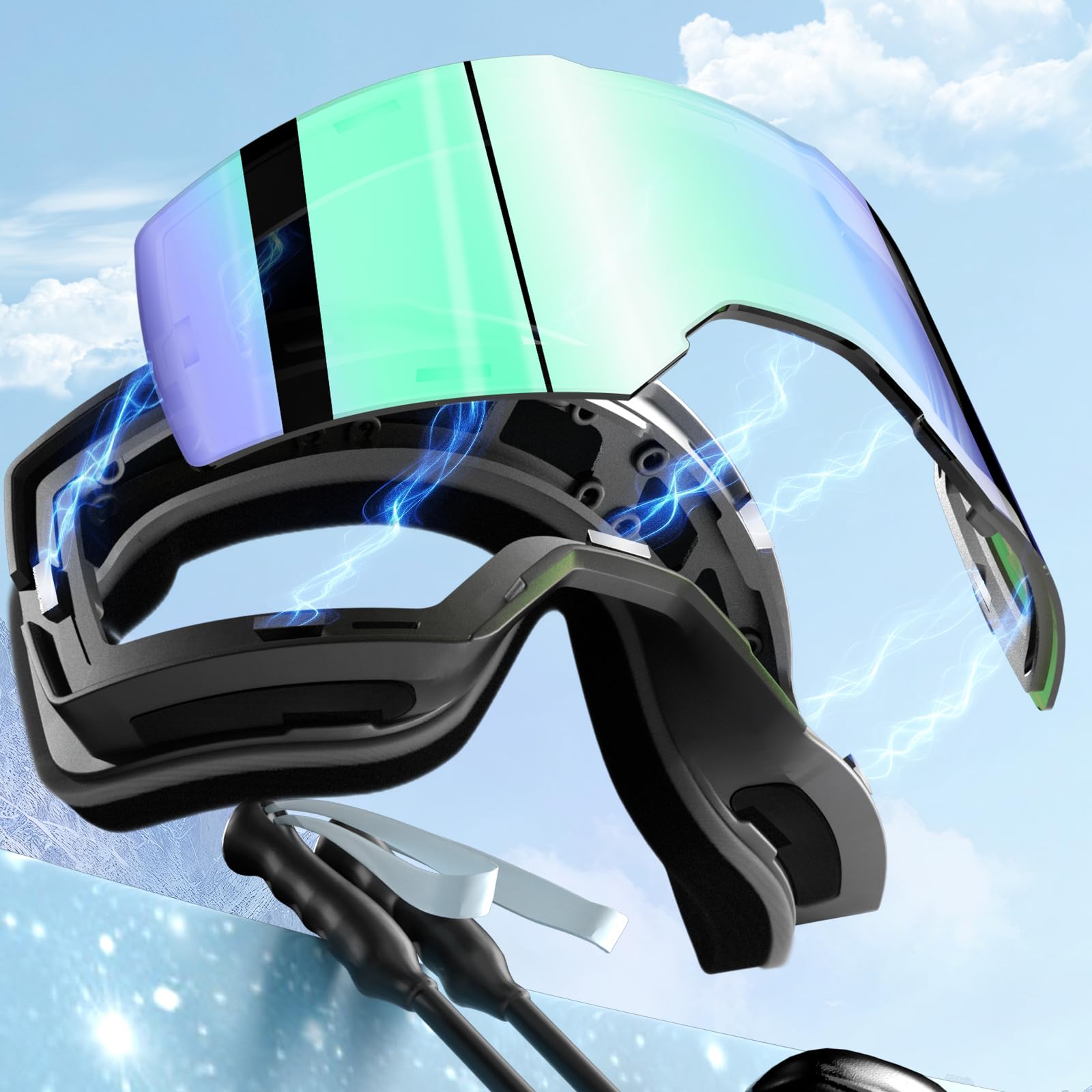 Lunettes de ski magnétiques pour adultes OTG – Double lentille antibuée UV400 compatibles avec casque, système de lentilles magnétiques Ski Snowboard (Noir/Vert)
