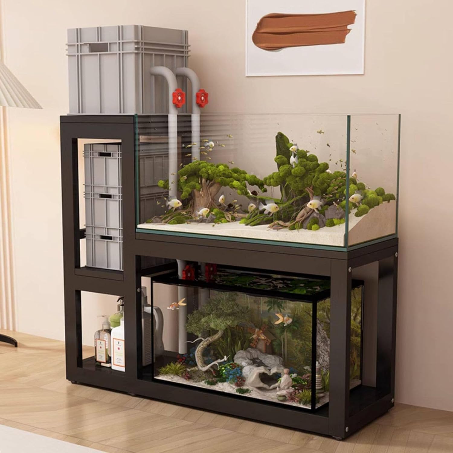 Heavy Duty Metal Frame Aquarium Stand Fish Tank Stand Storage Shelf Multi-Layer Design With Anti-Slip Mat Suitable for Living Room Office and Study Black + White 90x115cm/35.4x43.5in