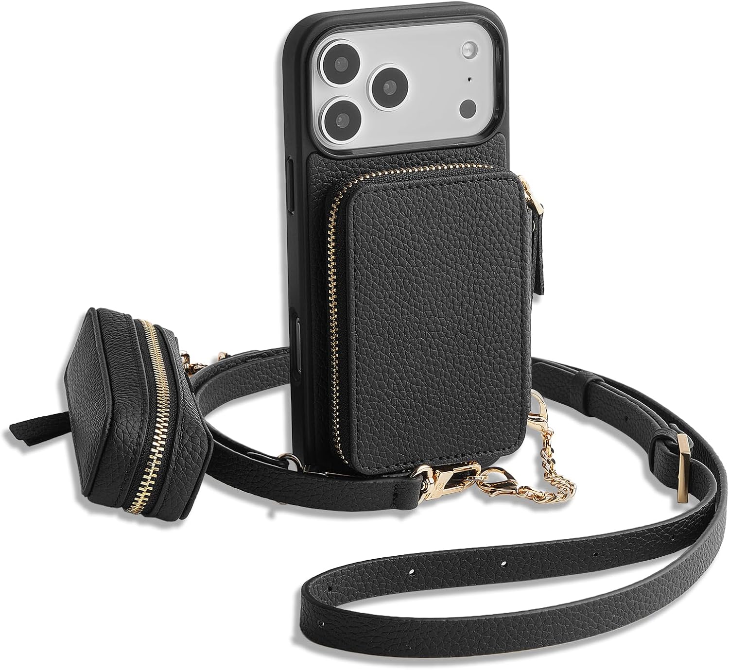 ZVE for iPhone 17 Pro Wallet Case for MagSafe, Detachable Card Holder Crossbody Cover with Lipstick Bag 6.3'' Black