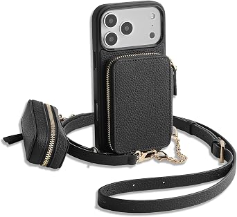 ZVE for iPhone 17 Pro Wallet Case for MagSafe, Detachable Card Holder Crossbody Cover with Lipstick Bag 6.3 Black