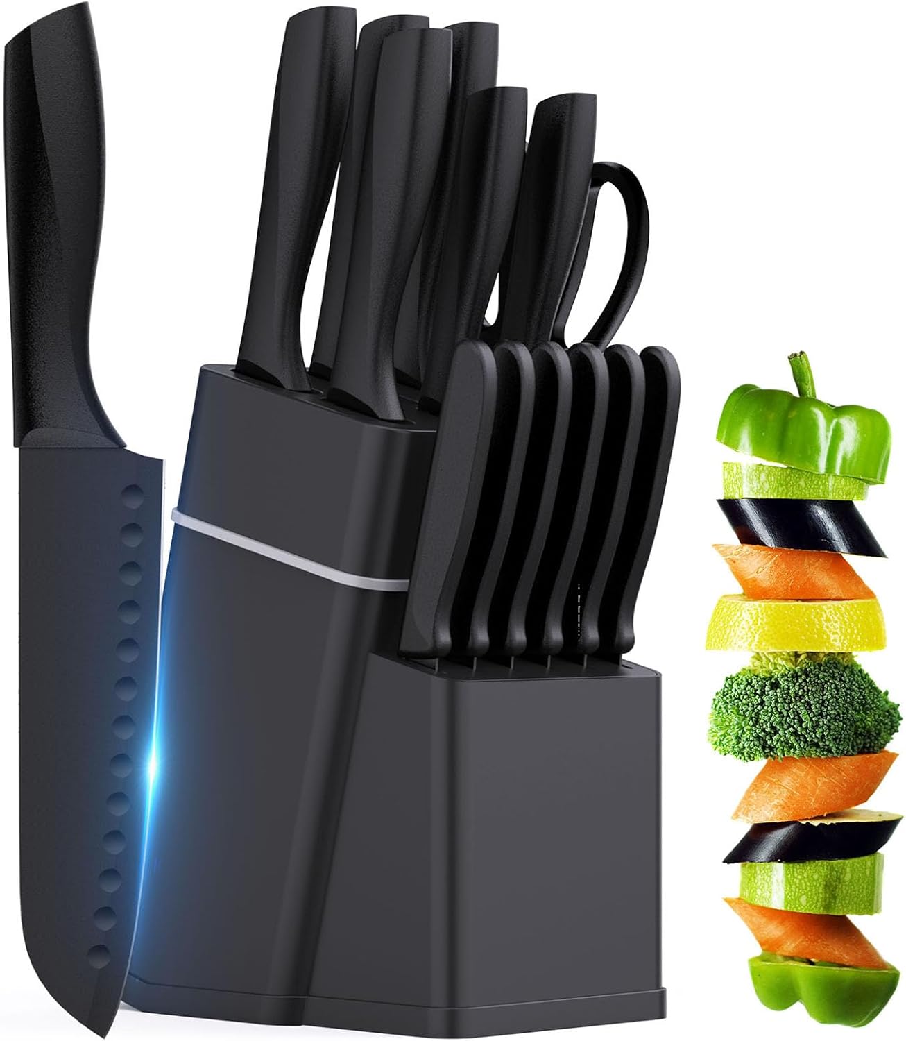 Kitchen Knife Set with Block - 15 Pieces Knife Sets with Built-in Sharpener, Dishwasher Safe, Stainless Steel Blades Kitchen Knives