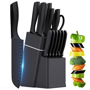 Kitchen Knife Set with Block - 15 Pieces Knife Sets with Built-in Sharpener Dishwasher Safe Stainless Steel Blades