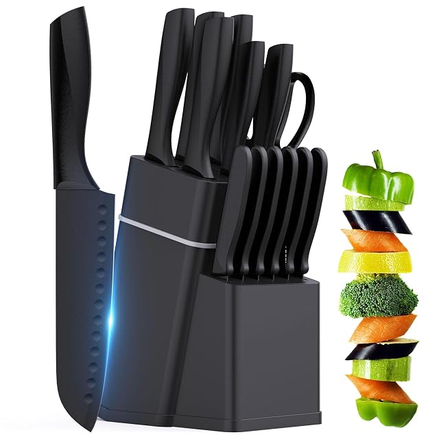 Kitchen Knife Set with Block - 15 Pieces Knife Sets with Built-in Sharpener Dishwasher Safe Stainless Steel Blades