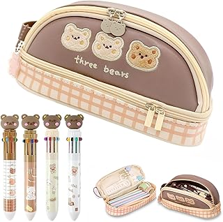 Kawaii Pencil Case for Girls Double Layer Stationery Organizer Box with Compartment Case Cute Pencil Case for Kids Comes Cute Bear Big Size Pencil Case with 4 Free Pens Students School Supplies