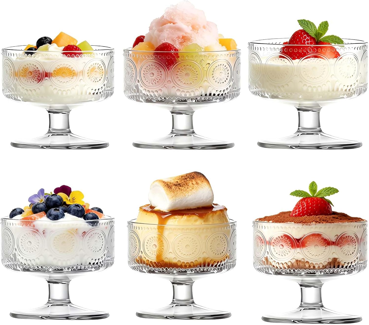 6 Pack Glass Dessert Cups with Pedestal, 6 oz Clear Parfait and Ice Cream Bowls, Footed Dessert Bowls for Trifle, Pudding, Fruit, Sundae, Yogurt, Wedding, Party and Home Use
