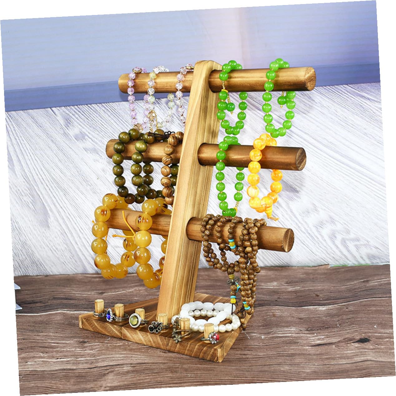 3-stöckiger Schmuckständer aus Massivholz Armbandhalter und Ringhalter Dekorativer Schmuckpräsentationsständer für Uhren und Armreifen Organizer für Schmuckaufbewahrung