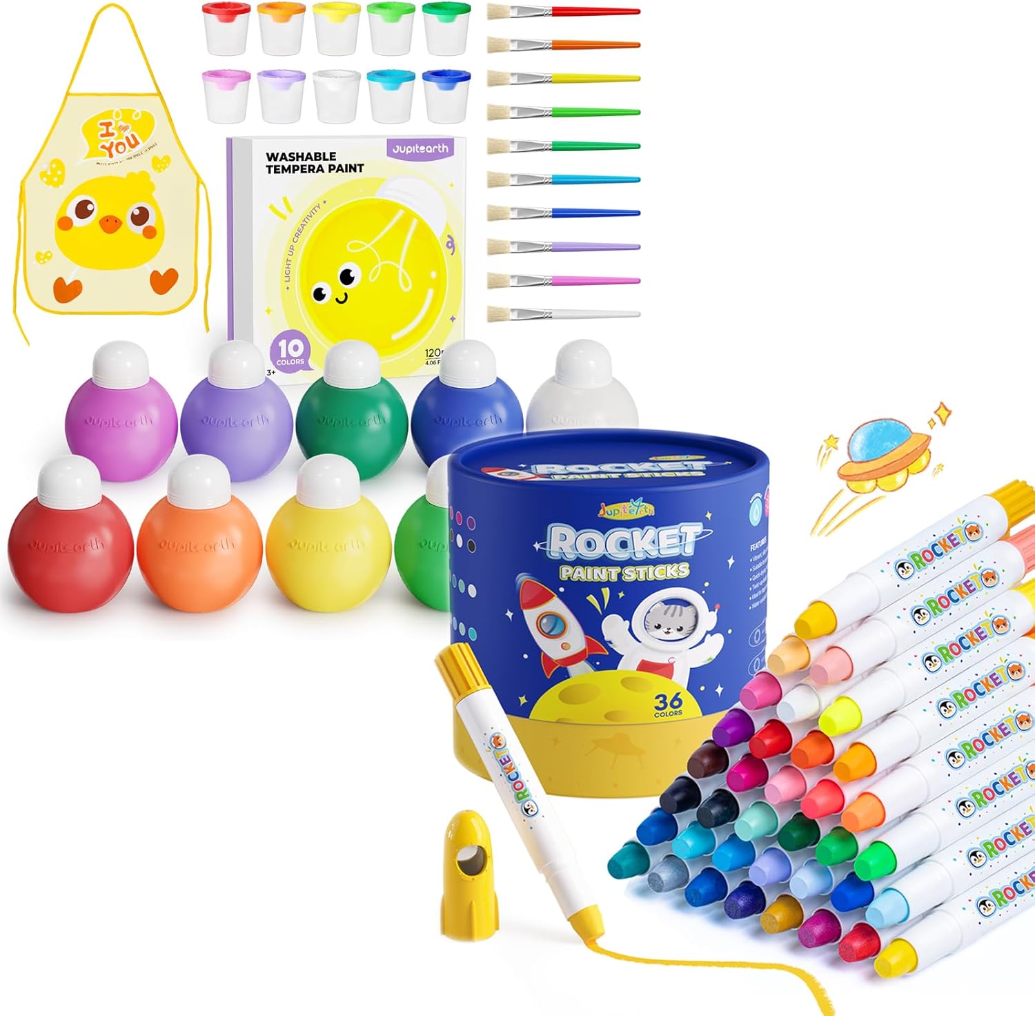 JUPITEARTH 36 Colors Tempera Paint Sticks + 10 Colors Washable Tempera Paint Set, 4.06oz(120ml) Non Toxic Finger Paints for Toddlers and Kids, Included Brush, Cups, Art Smock