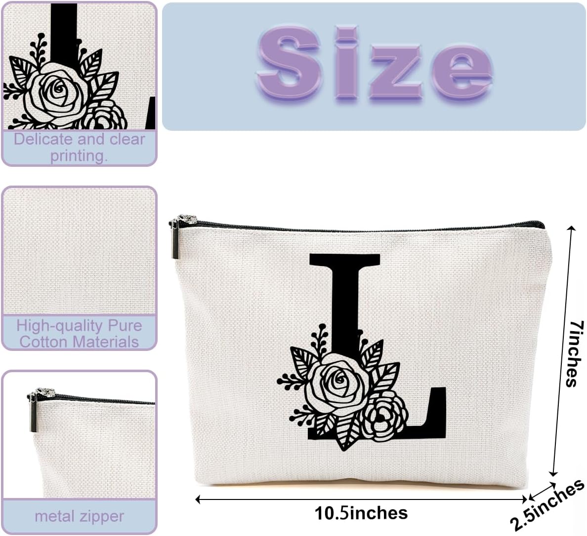 Initial Makeup Bag Monogrammed Personalized Gifts for Women Birthday Wedding Bachelorette Party Gifts Cosmetic Bag for Bride Bridesmaid Mom Sister Friend Grandma Coworker Letter L Travel Toiletry Bag image 2