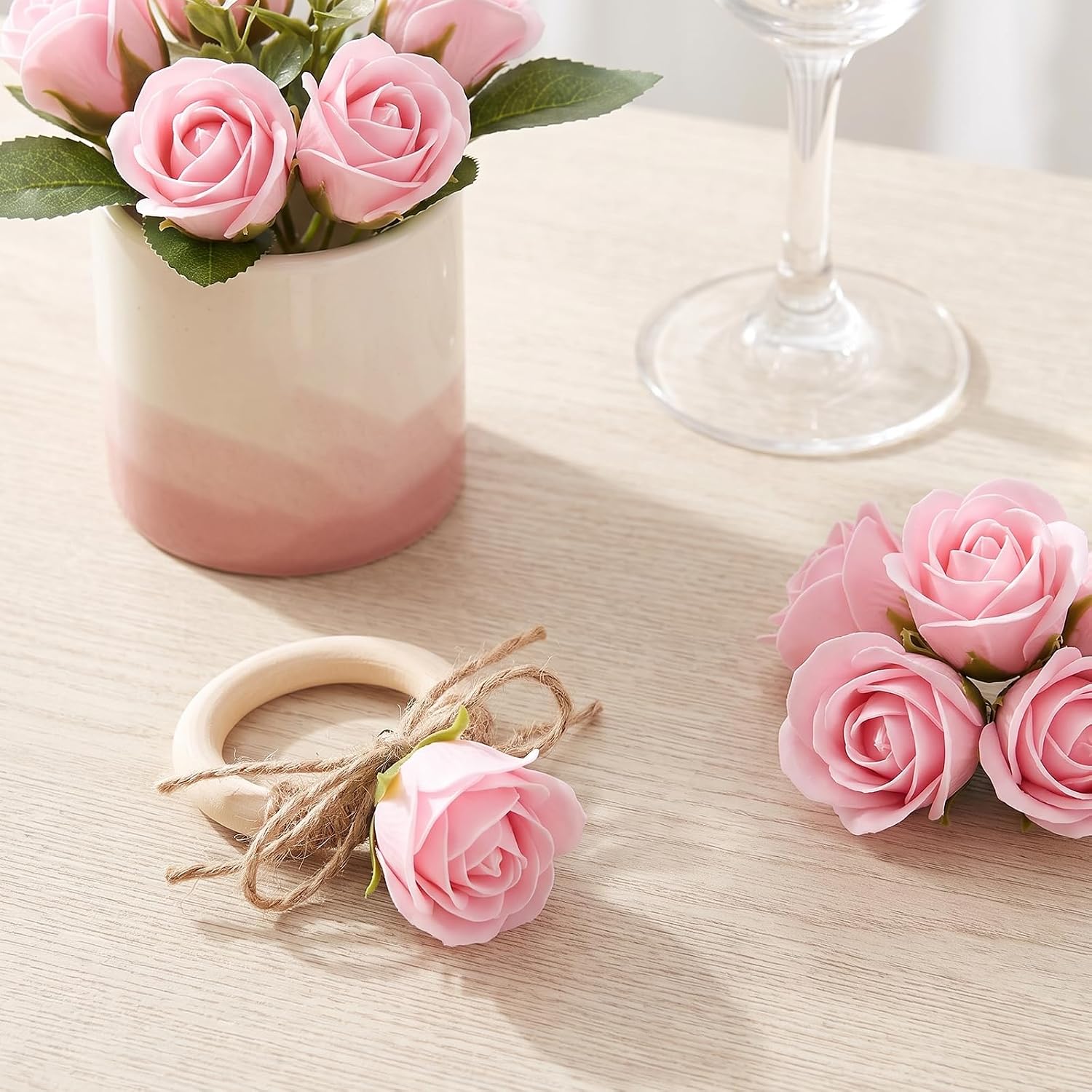 20 Pack Wood Soap Flower Napkin Rings Pink Rose Handmade Napkin Holders