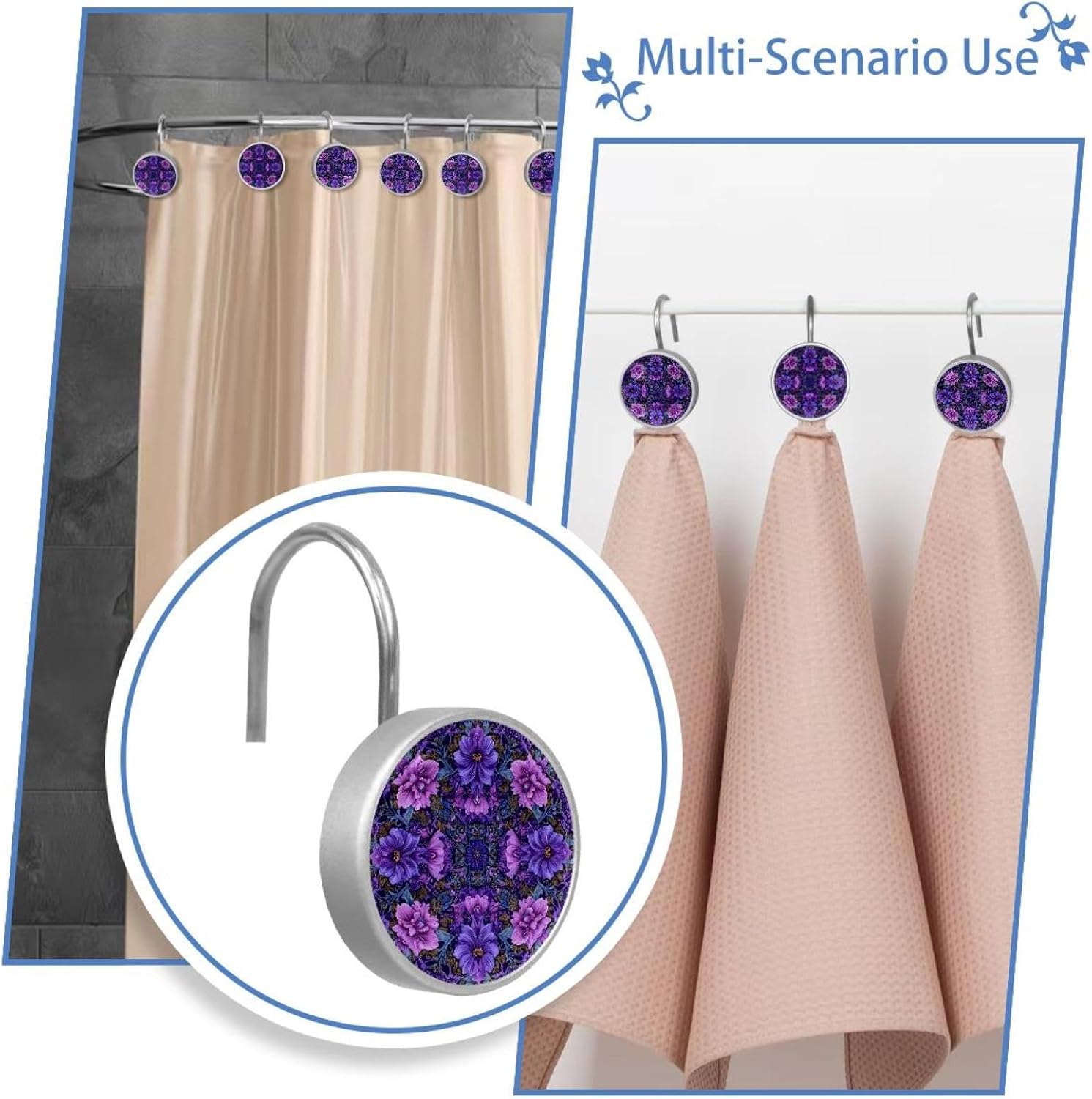 12PCS Purple Round Hipple Mandala Floral Flowe (7) Shower Curtain Hooks Rings for Bathroom, Decorative Shower Curtain Hooks Rods Curtains and Liner