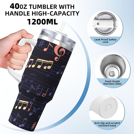 Music-Seamless-Pattern,40OZ Ice Bully Cup with Handle Stainless Steel Mug Water Bottle