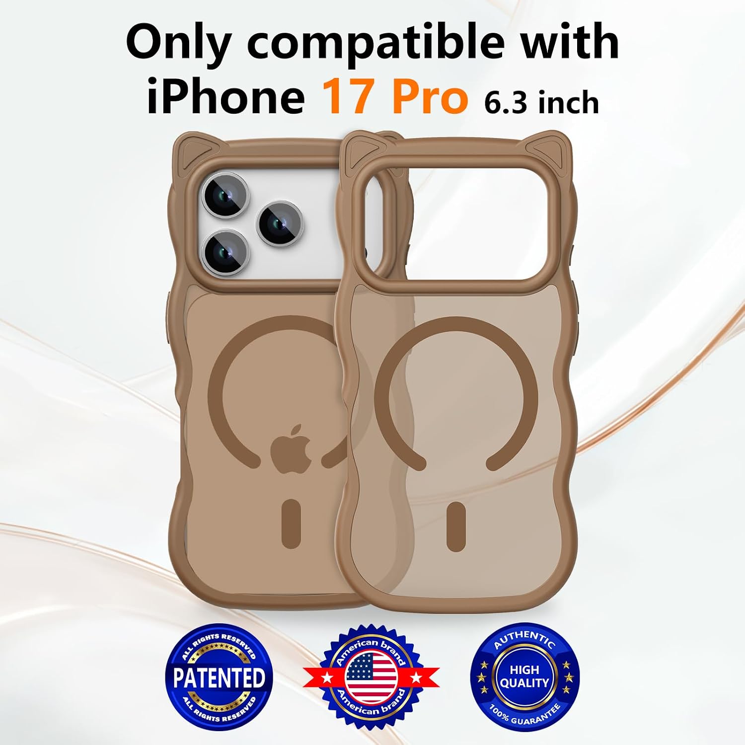 3 in 1 Magnetic for iPhone 17 Pro Case for Women Girls,1X Screen Protector+1X Camera Lens Protector,Compatible with MagSafe,Translucent Matte,Cute Cat-Ear Wavy Phone Case,6.3",Brown