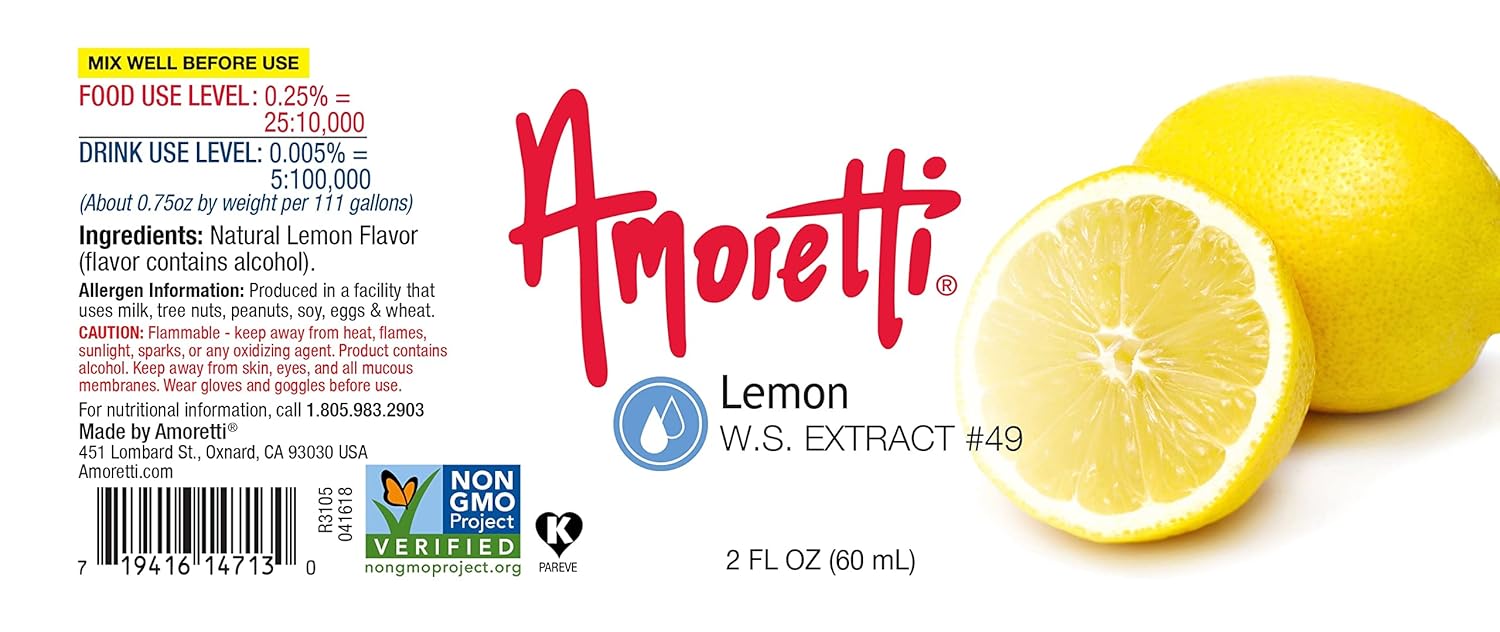 Amoretti - Lemon Extract Water Soluble 2 oz - Highly Concentrated & Perfect For Pastry, Savory, Brewing, and more, Preservative Free, Vegan, Kosher Pareve, Keto Friendly