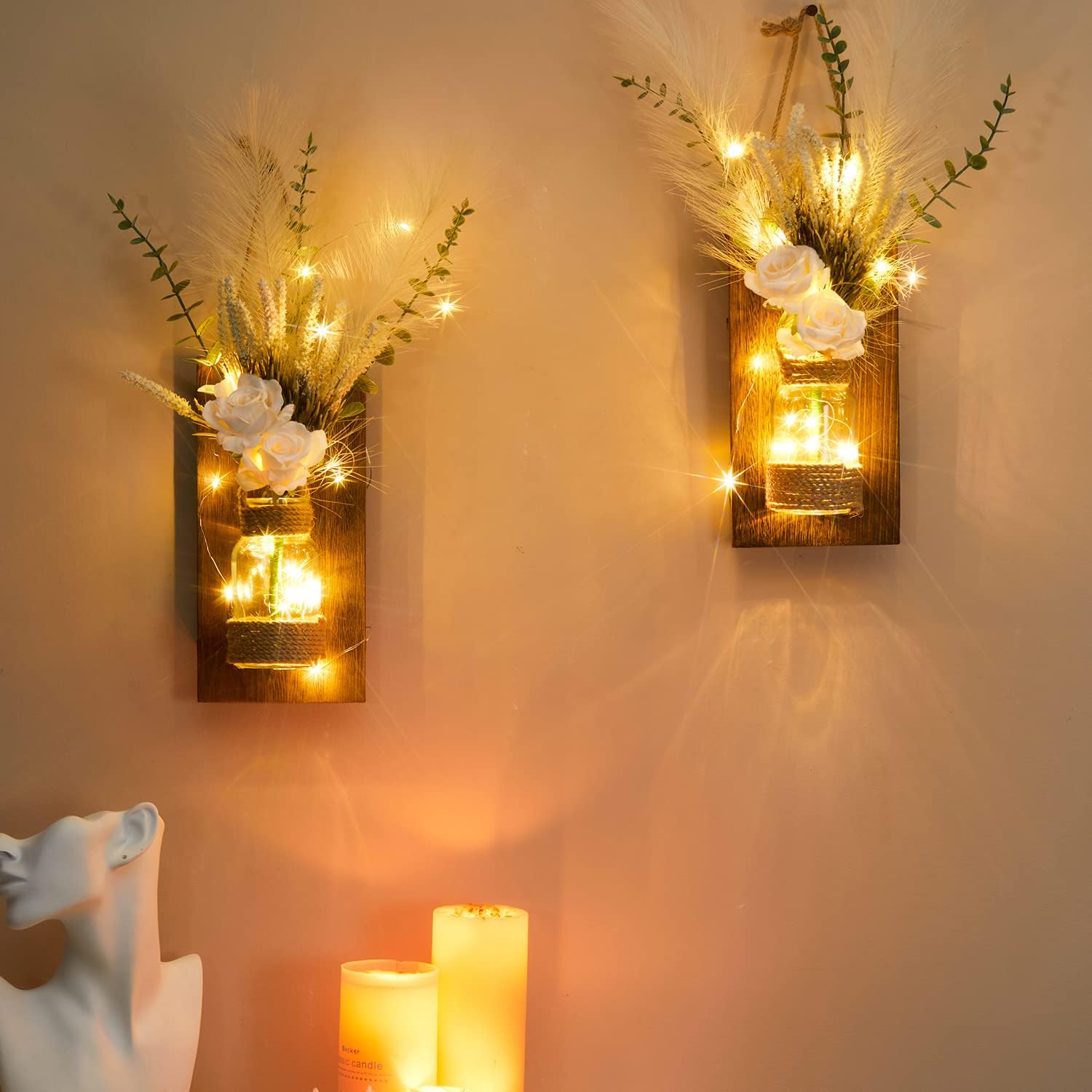 Anna's Whimsy 2PACK Mason Jar Sconce Wall Decor Rustic with Remote Control LED Fairy Lights - Artificial Flowers Spring Decorations for Home Bedroom Farmhouse(White Rose)
