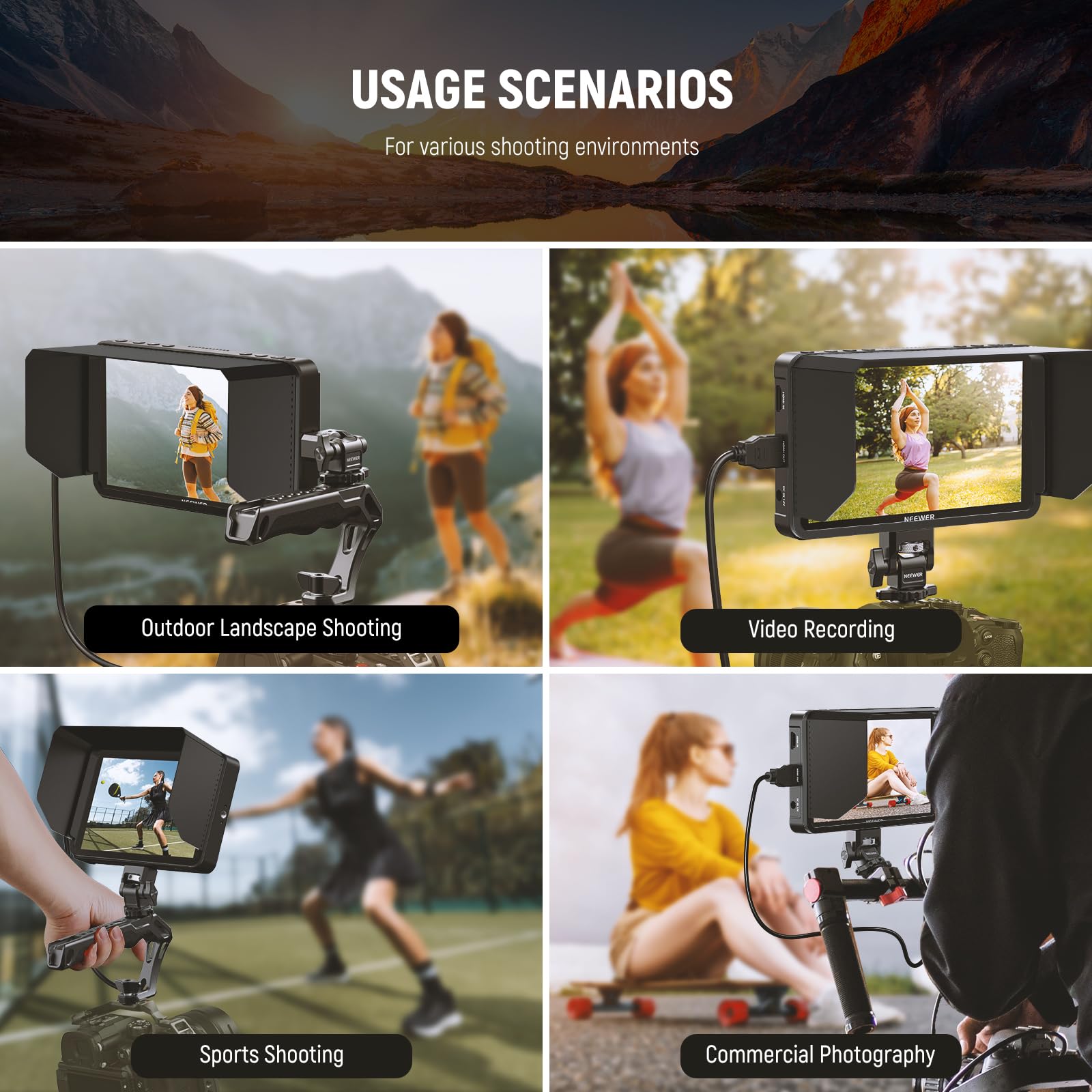 NEEWER Parasole per Monitor da Campo per Fotocamera F700 della NEEWER, Paraluce a Tre Lati e Telaio Sagomato, Facile Accesso ai Pulsanti, Gancio e Gancio Attaccato, MA007