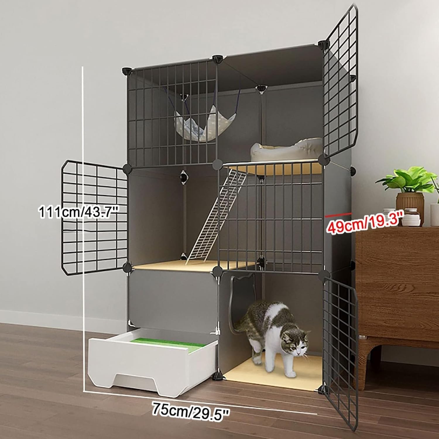 Large Cat Cage with Hammock & Litter Box, Indoor Cat Playpen Enclosure for 1–4 Cats, DIY Metal Cat Kennel(75x49x111cm)