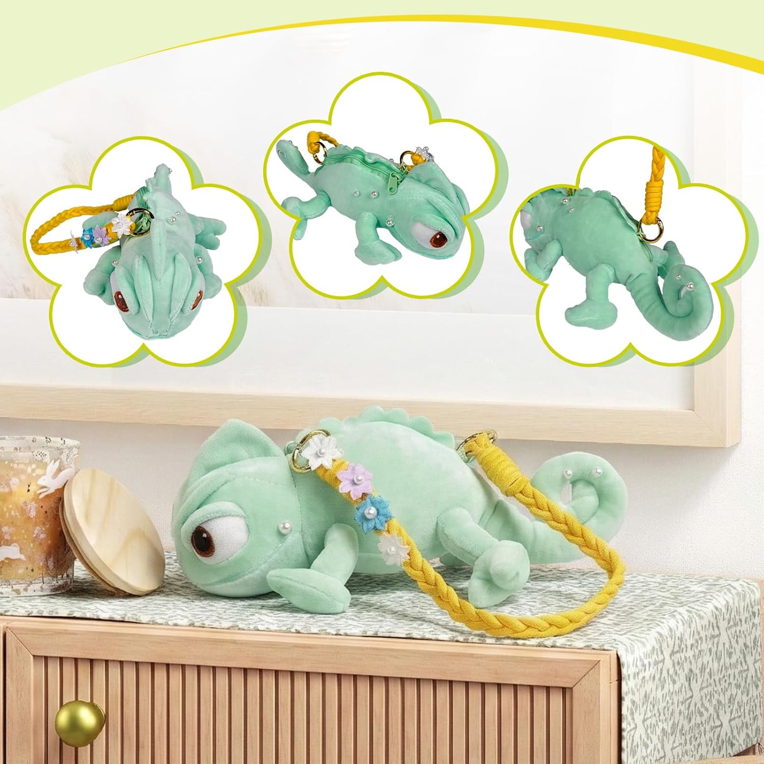 Lizard Plush Toy and Shoulder Handbag - Chameleon Shape Fluffy Plush Detachable Strap Multi-Functional Storage, 9.5 Inch Cute Fashion Accessory for Theme Parks and Daily Outings