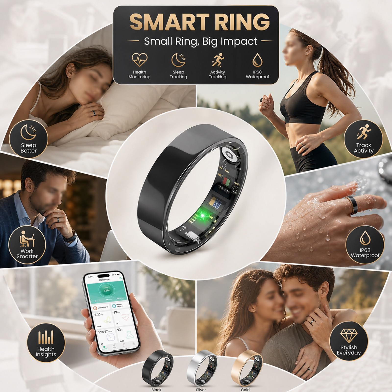 Smart Ring Uomo Donna, 2026 Nuovo Smart Ring, IP68 Resistente all'Acqua Molteplici modalità Sportive Contapassi Monitoraggio delle Calorie Anello Fitness Tracker Black-8#